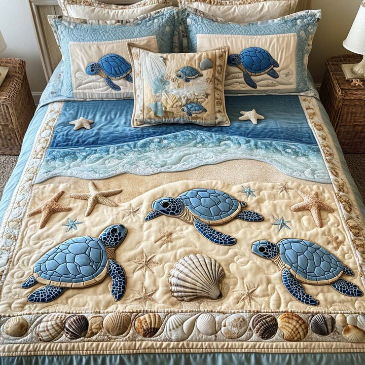 Ensemble couvre-lit matelassé 3 pièces - Tortues Marines