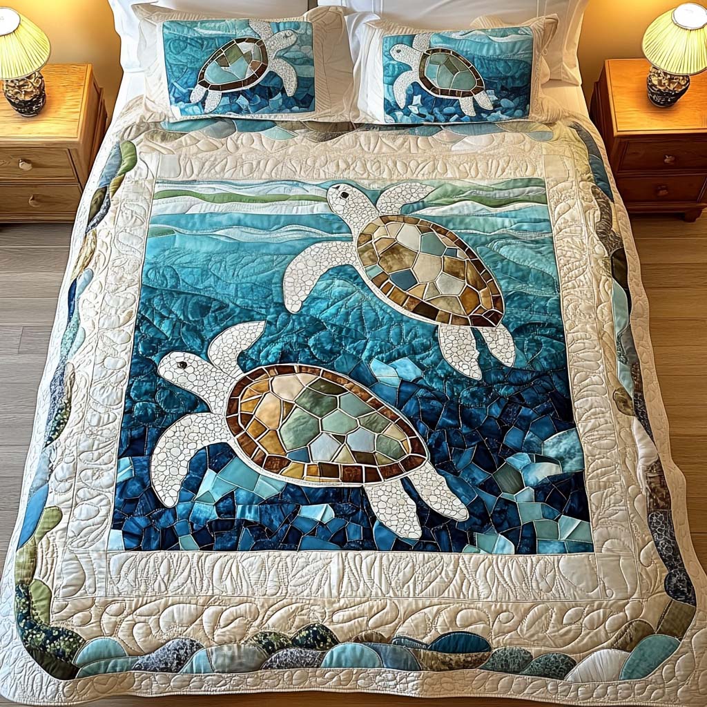 Ensemble couvre-lit matelassé 3 pièces - Tortues Marines